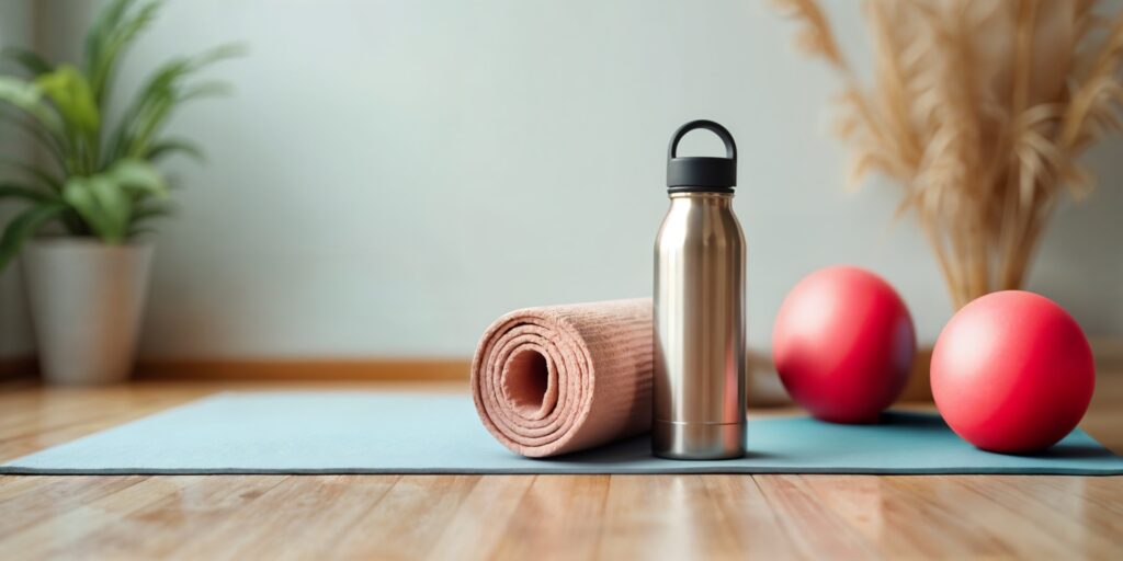 Yoga practice setup - yoga mat, bottle of water and balls